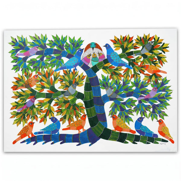 Tree and Birds – Gond Paper Painting