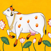 Kamdhenu in Lotus Garden – Pichwai Painting