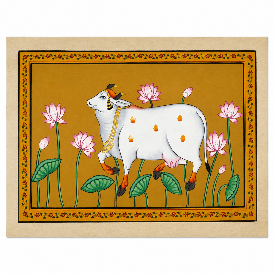 Kamdhenu Amidst Sacred Lotuses – Pichwai Painting