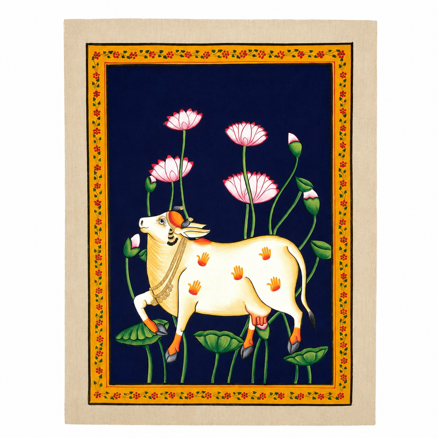 Divine Kamdhenu in Lotus Grace – Pichwai Painting