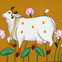 Kamdhenu Amidst Sacred Lotuses – Pichwai Painting