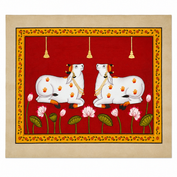 Twin Kamdhenu in Lotus – Pichwai Painting