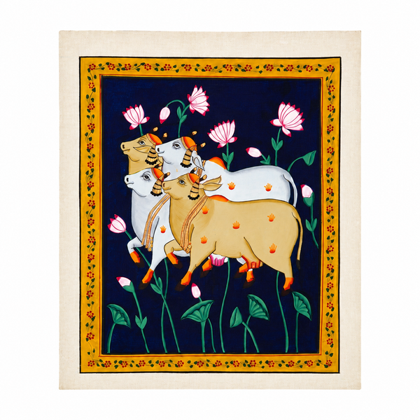 Four Sacred Kamdhenu with Lotus – Pichwai Painting