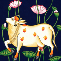 Divine Kamdhenu in Lotus Grace – Pichwai Painting