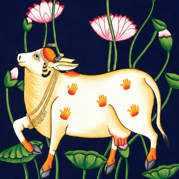 Divine Kamdhenu in Lotus Grace – Pichwai Painting