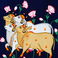 Four Sacred Kamdhenu with Lotus – Pichwai Painting