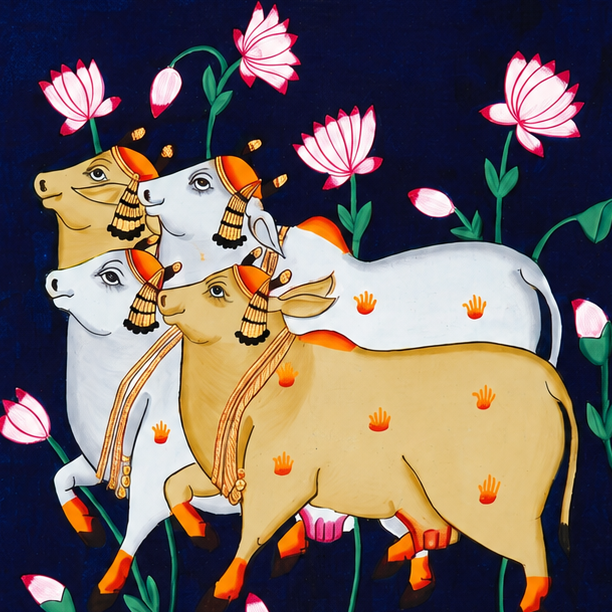 Four Sacred Kamdhenu with Lotus – Pichwai Painting