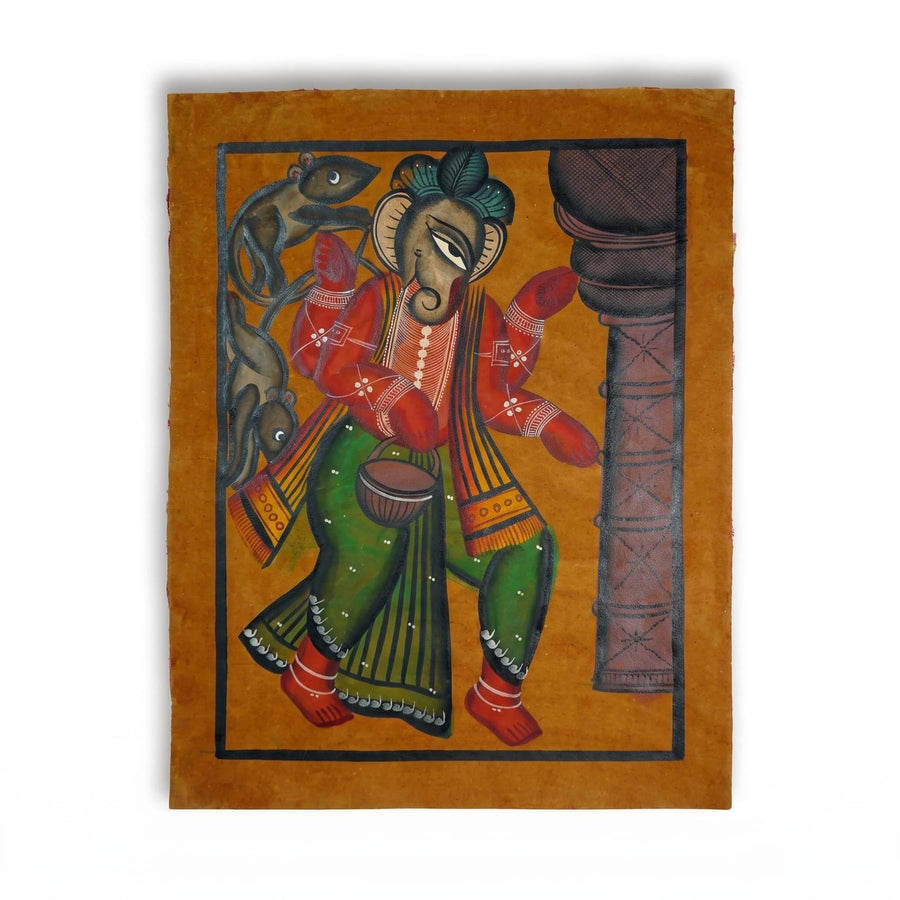 Lord Ganesha with His Divine Companions – Kalighat Painting