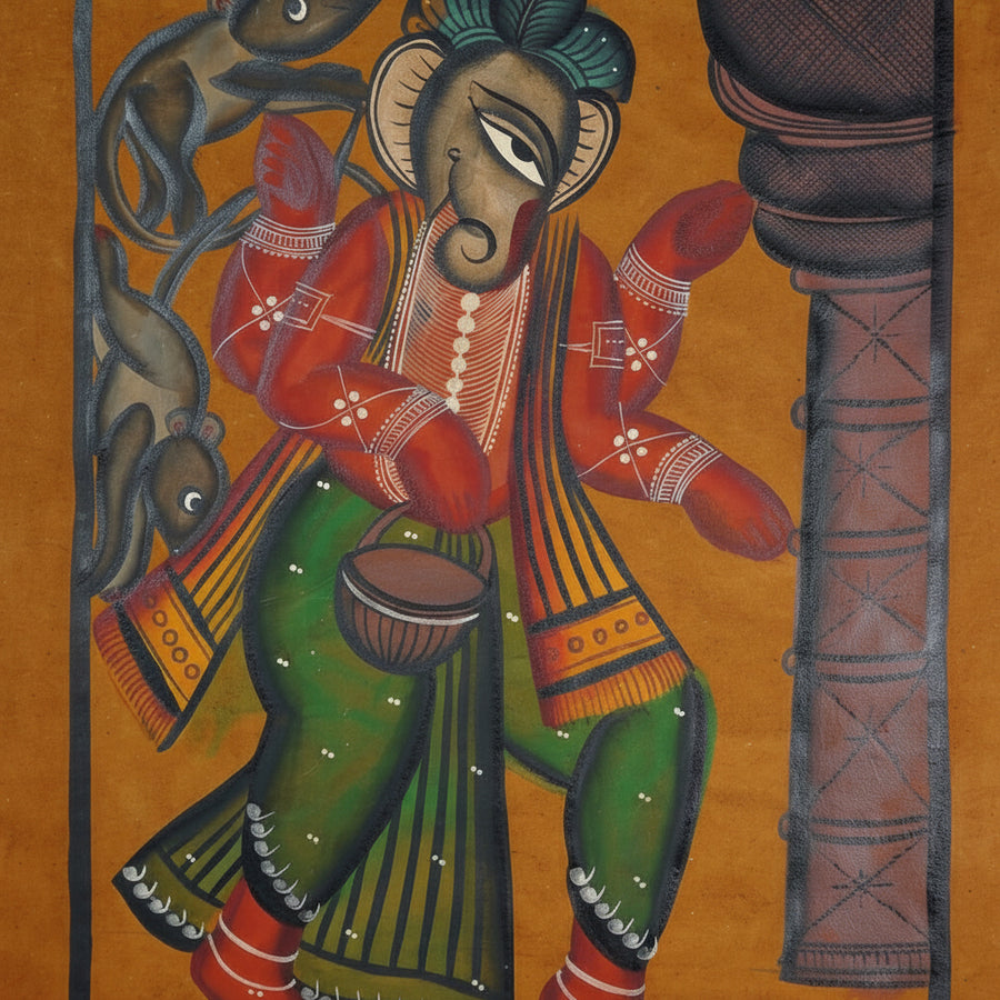 Lord Ganesha with His Divine Companions – Kalighat Painting
