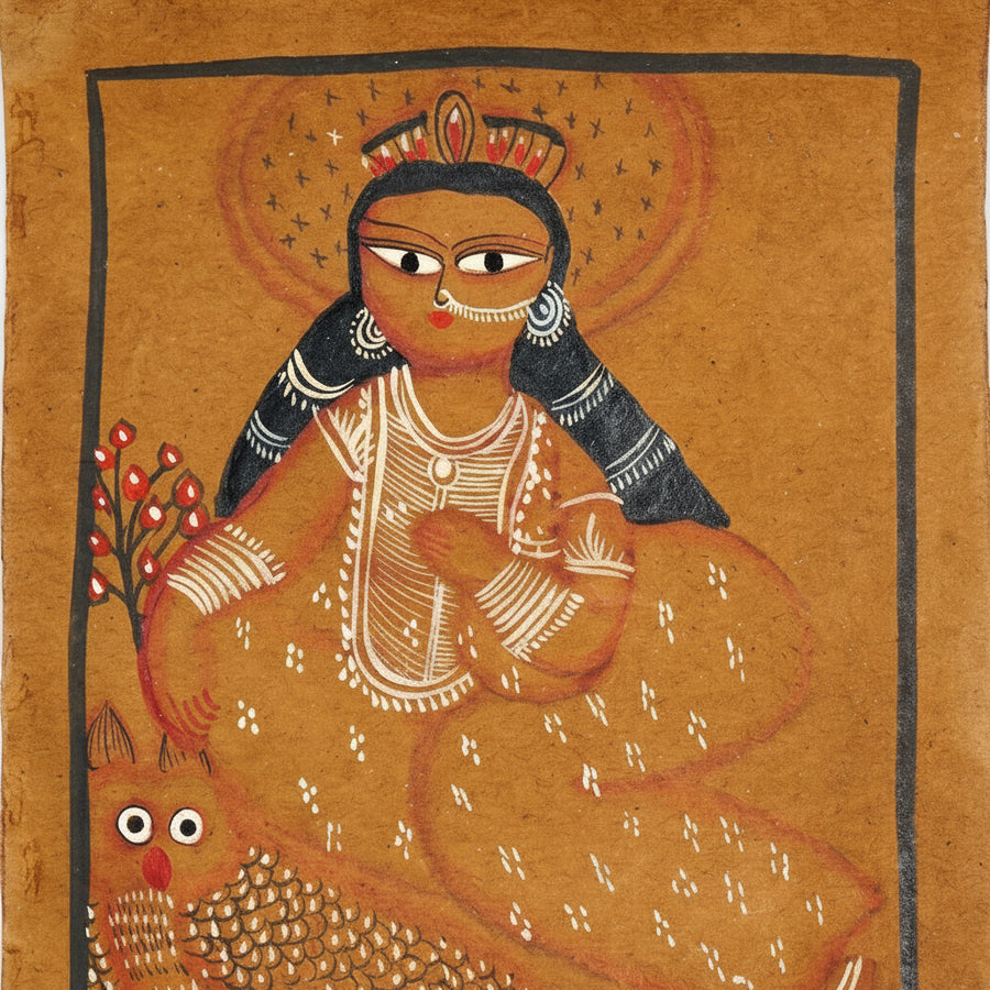 Goddess Lakshmi with Her Sacred Owl – Kalighat Painting