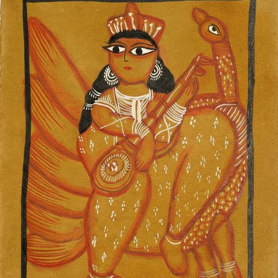 Maa Saraswati with the Sacred Veena – Kalighat Painting
