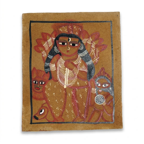 Maa Durga on the Sacred Lion – Kalighat Painting