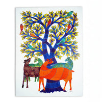 Deer, Birds, and Tree – Gond Paper Painting