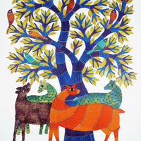 Deer, Birds, and Tree – Gond Paper Painting