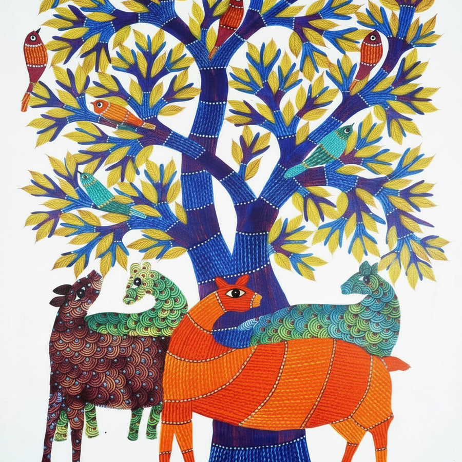 Deer, Birds, and Tree – Gond Paper Painting