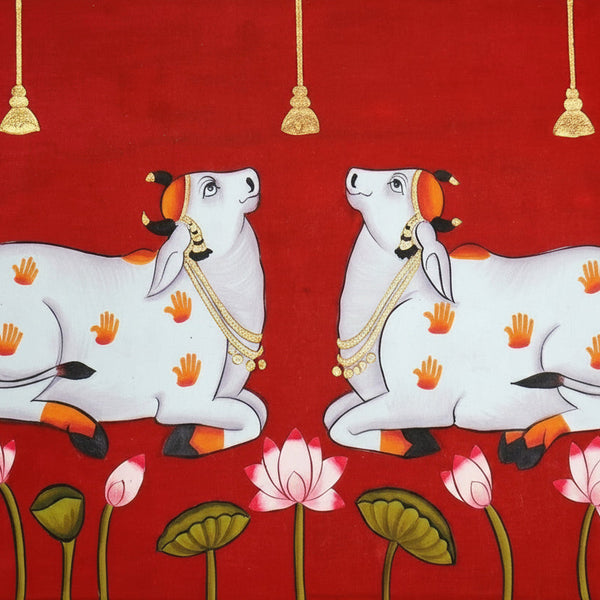 Twin Kamdhenu in Lotus – Pichwai Painting