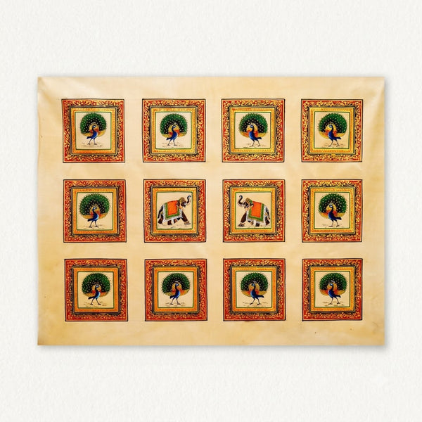 Peacock and Elephant Majesty – Rajasthani Miniature Painting with frame