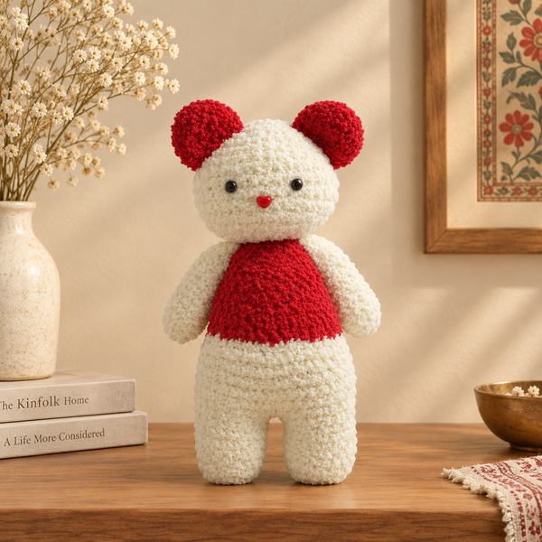 Crochet Snow Teddy – Red & White Handmade Art