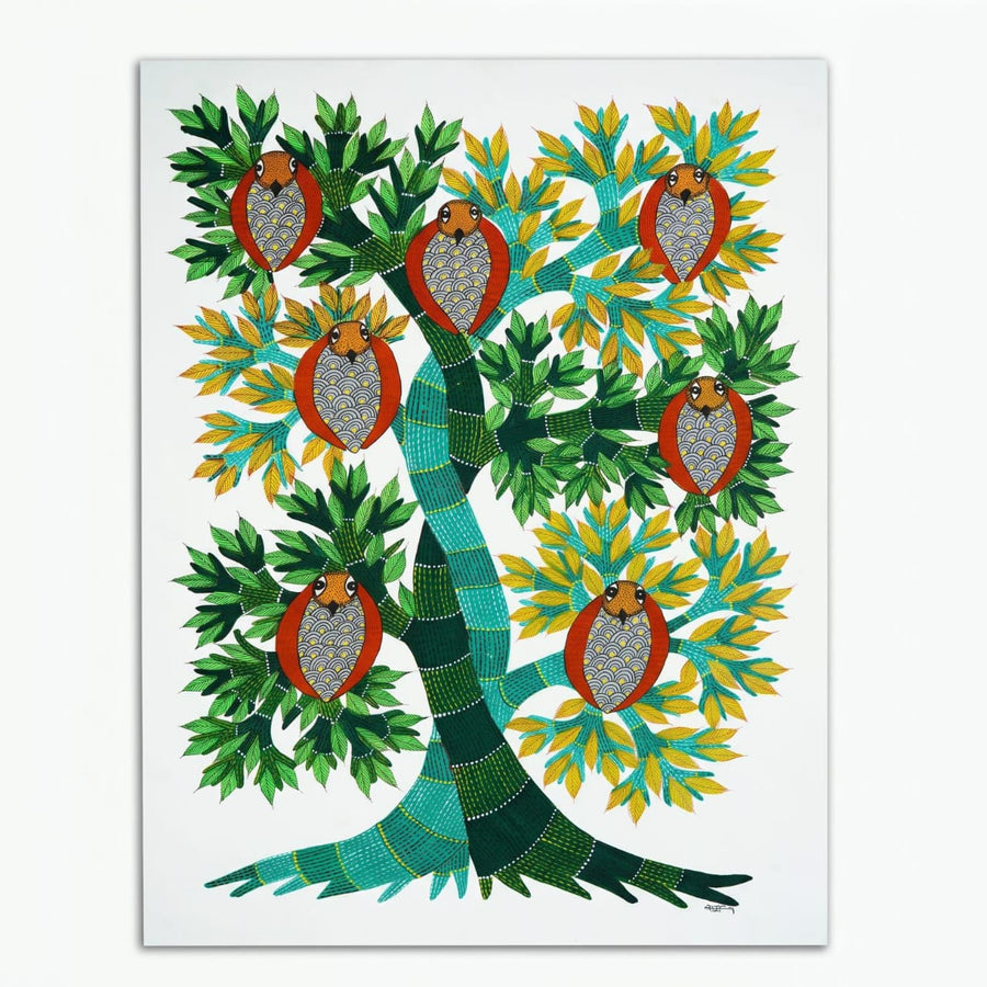 Owls Among the Branches – Gond Paper Painting