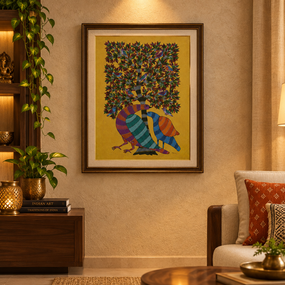 Bird Pair Under the Tree – Gond Canvas Painting