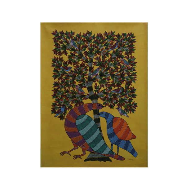 Bird Pair Under the Tree – Gond Canvas Painting