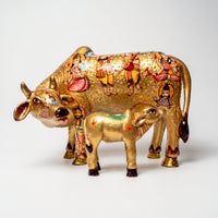 Kamdhenu with Calf in Radiant Gold – Handpainted Figure