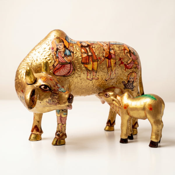 Kamdhenu with Calf in Radiant Gold – Handpainted Figure