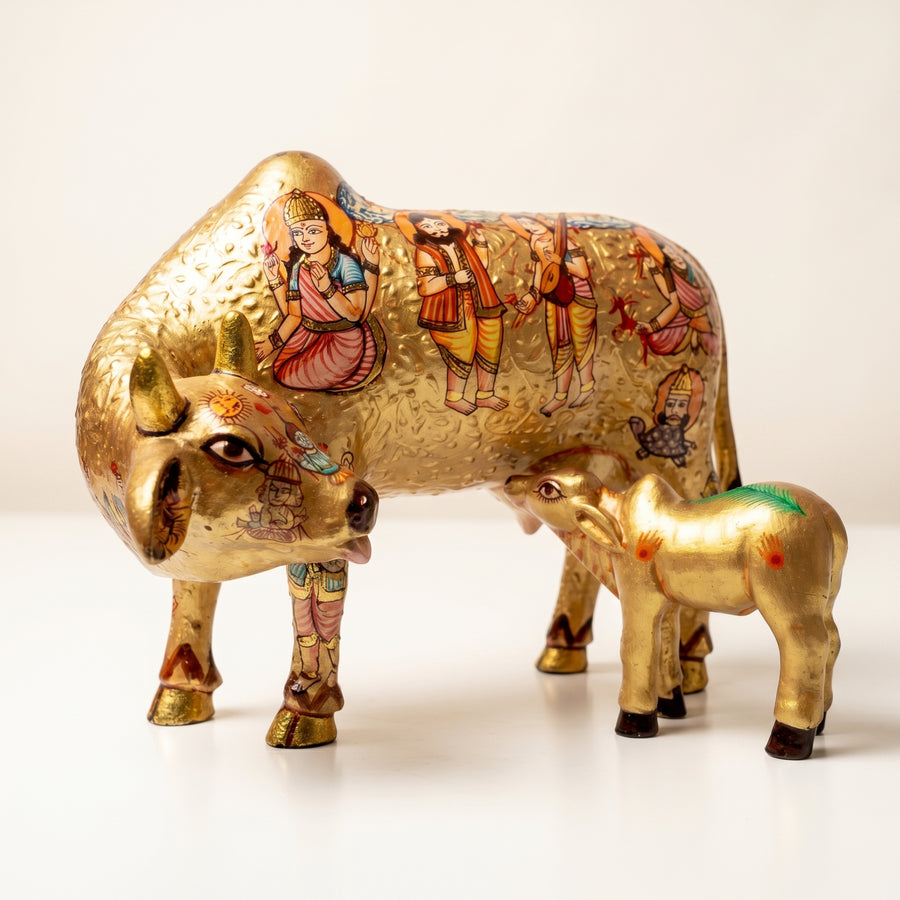 Kamdhenu with Calf in Radiant Gold – Handpainted Figure