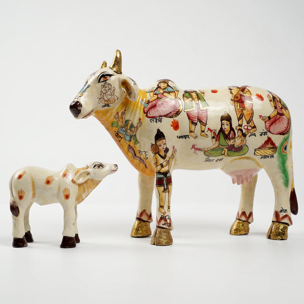 White Kamdhenu with Calf – Handpainted Artwork