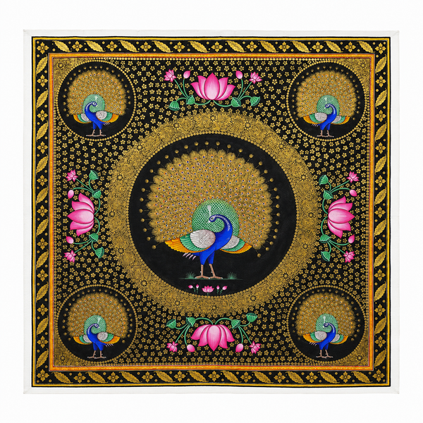 Golden Peacock Harmony – Rajasthani Miniature Painting