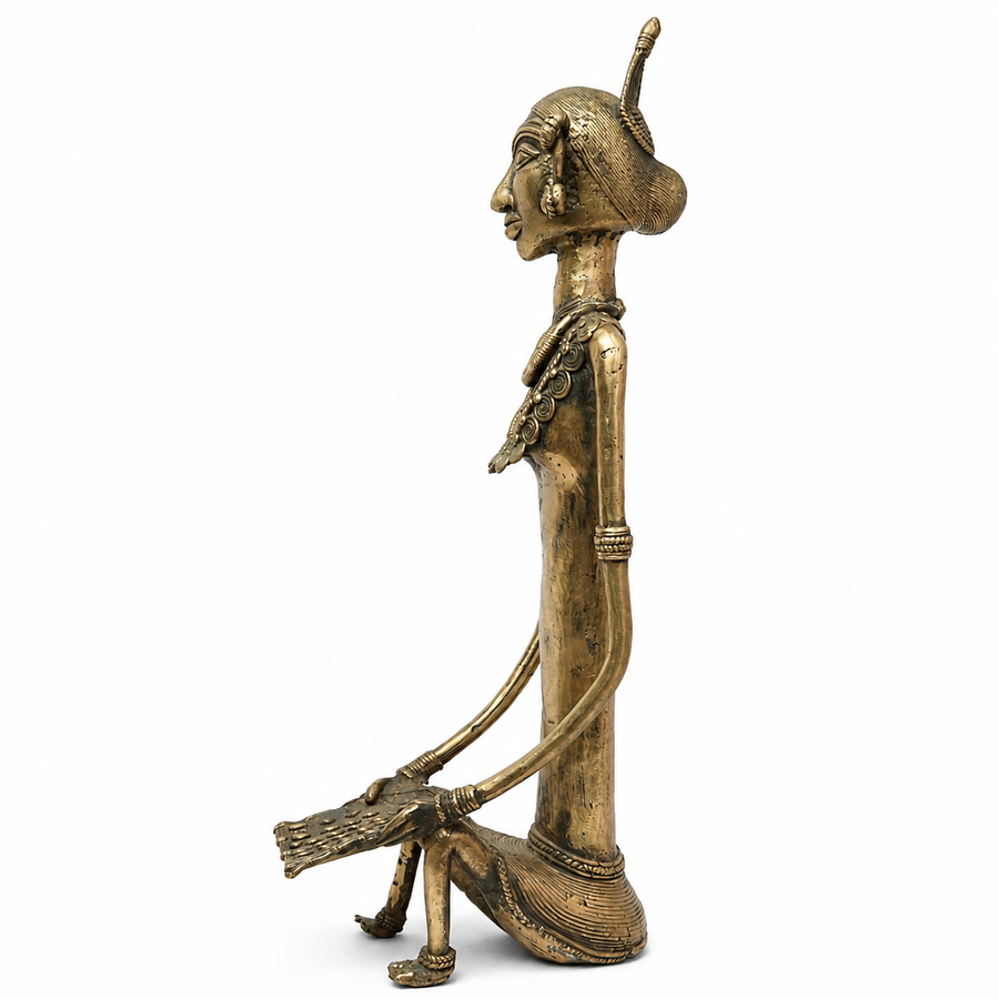 Tribal Woman Winnowing Grain (Long) – Dhokra Metal Art