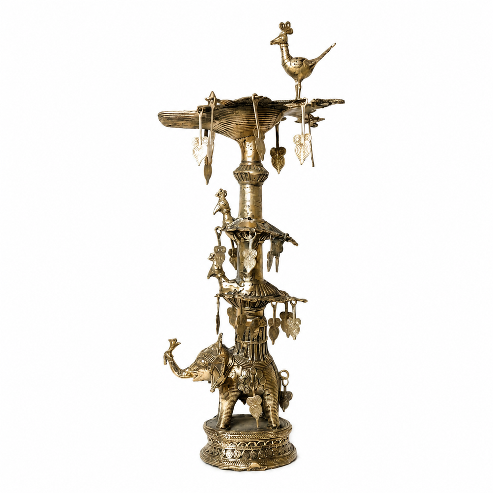 Peacock and Elephant Oil Lamp – Dhokra Metal Art
