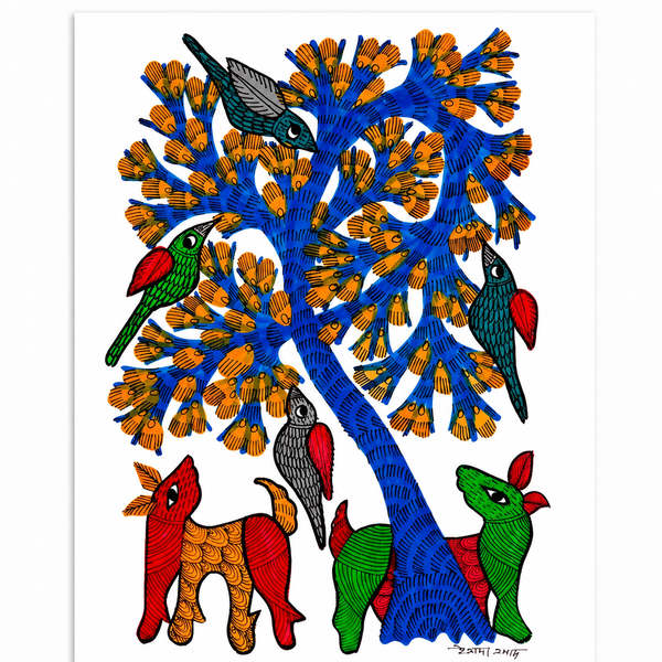 Animals, Birds and the Forest – Gond Paper Painting