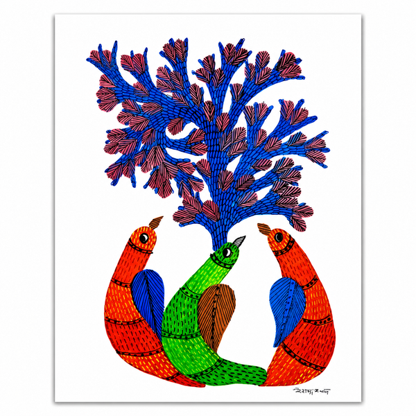 Tree and Central Bird – Gond Paper Painting