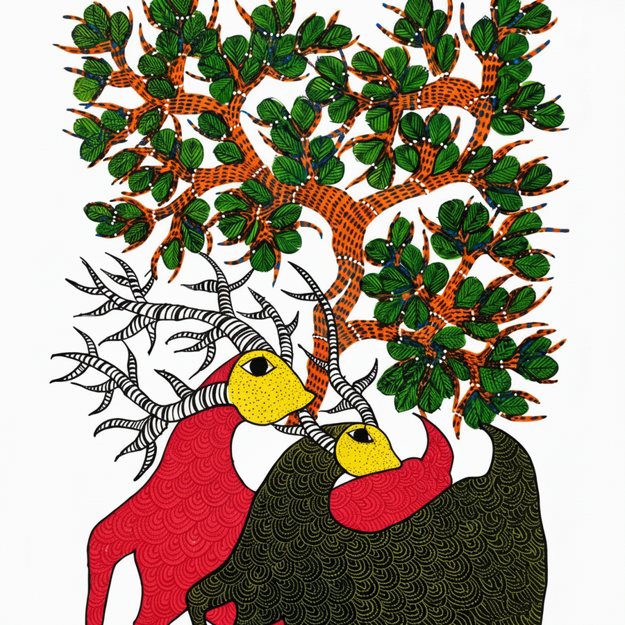 Deers Beneath the Tree – Gond Paper Painting