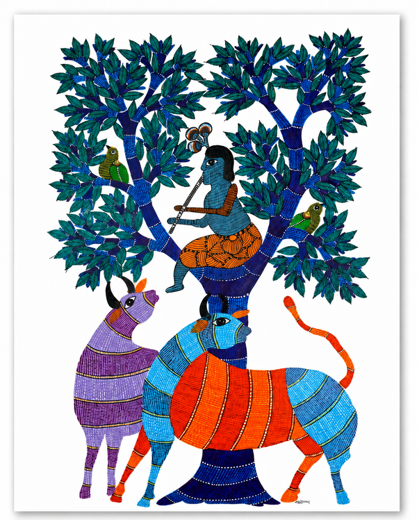 Krishna and Cows – Gond Paper Painting