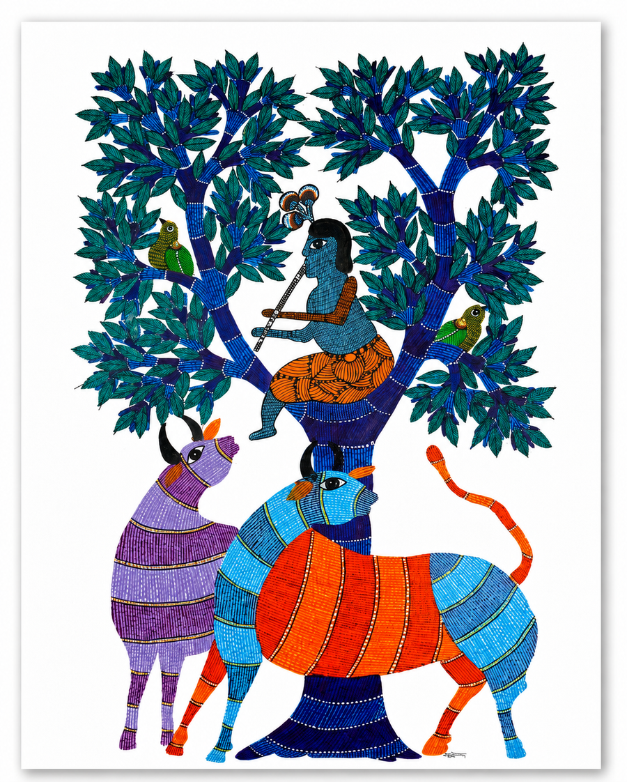Krishna and Cows – Gond Paper Painting