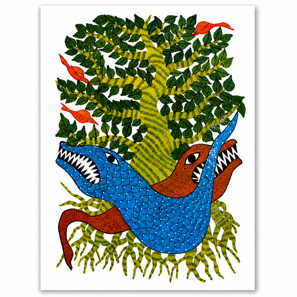 Animals Beneath the Tree – Gond Paper Painting