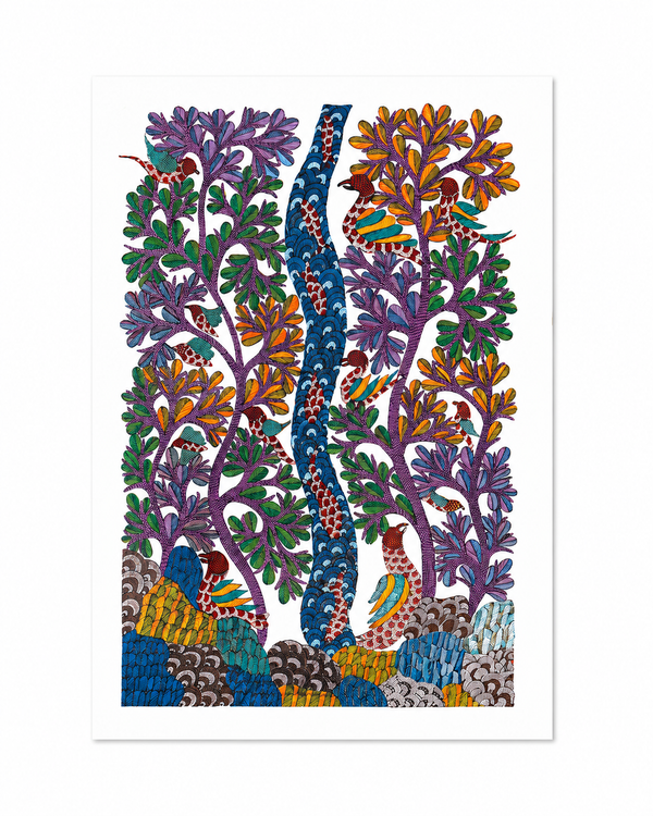 Birds by the River Tree – Gond Paper Painting