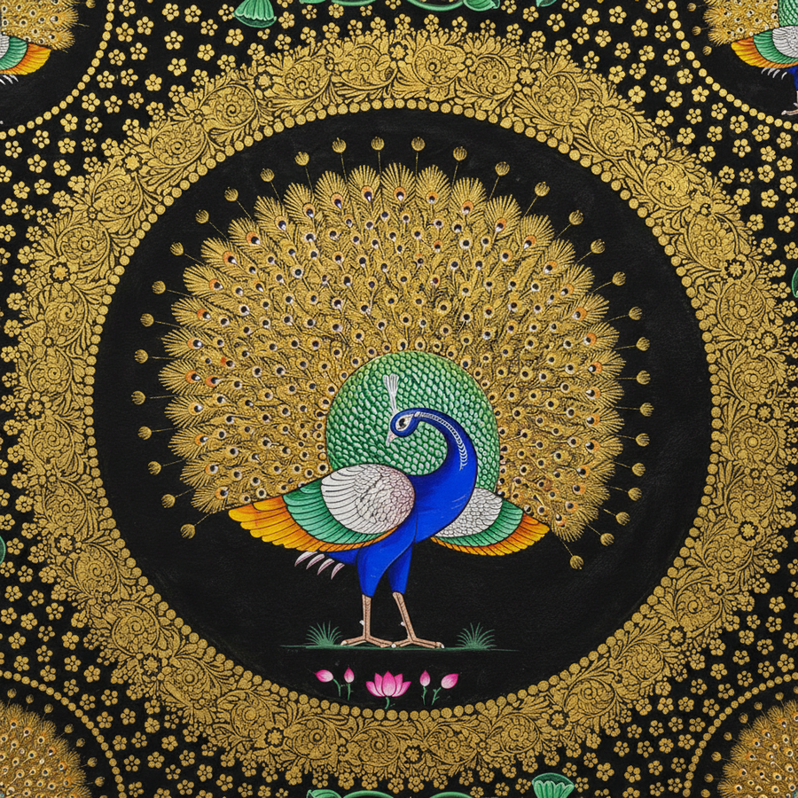 Golden Peacock Harmony – Rajasthani Miniature Painting