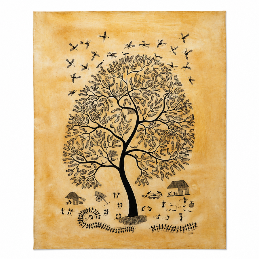 The Tree of Community - Warli Painting on cloth