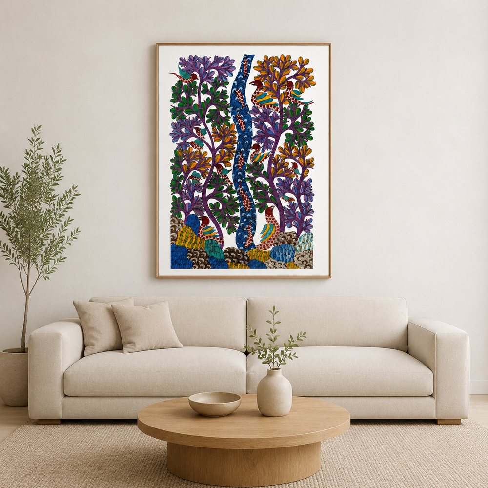 Birds by the River Tree – Gond Paper Painting