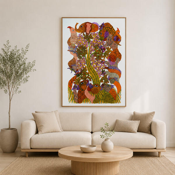 Birds Around the Tree of Life – Gond Paper Painting