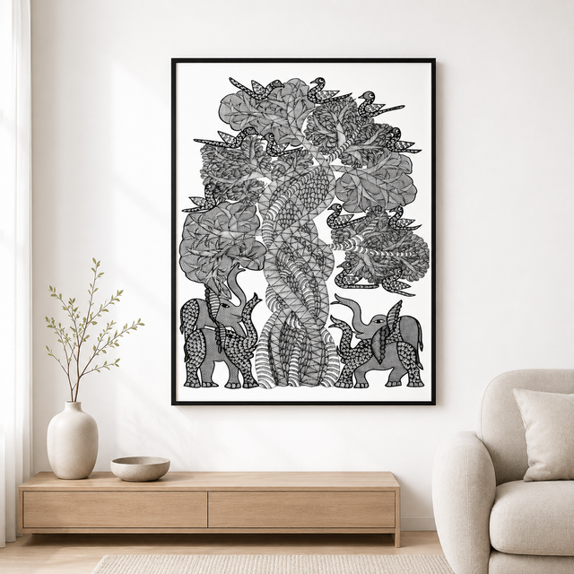 Elephants, Birds & Tree – Gond Paper Painting