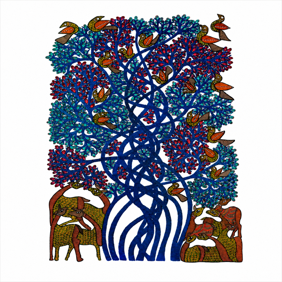 Deer, Birds & Tree – Gond Paper Painting