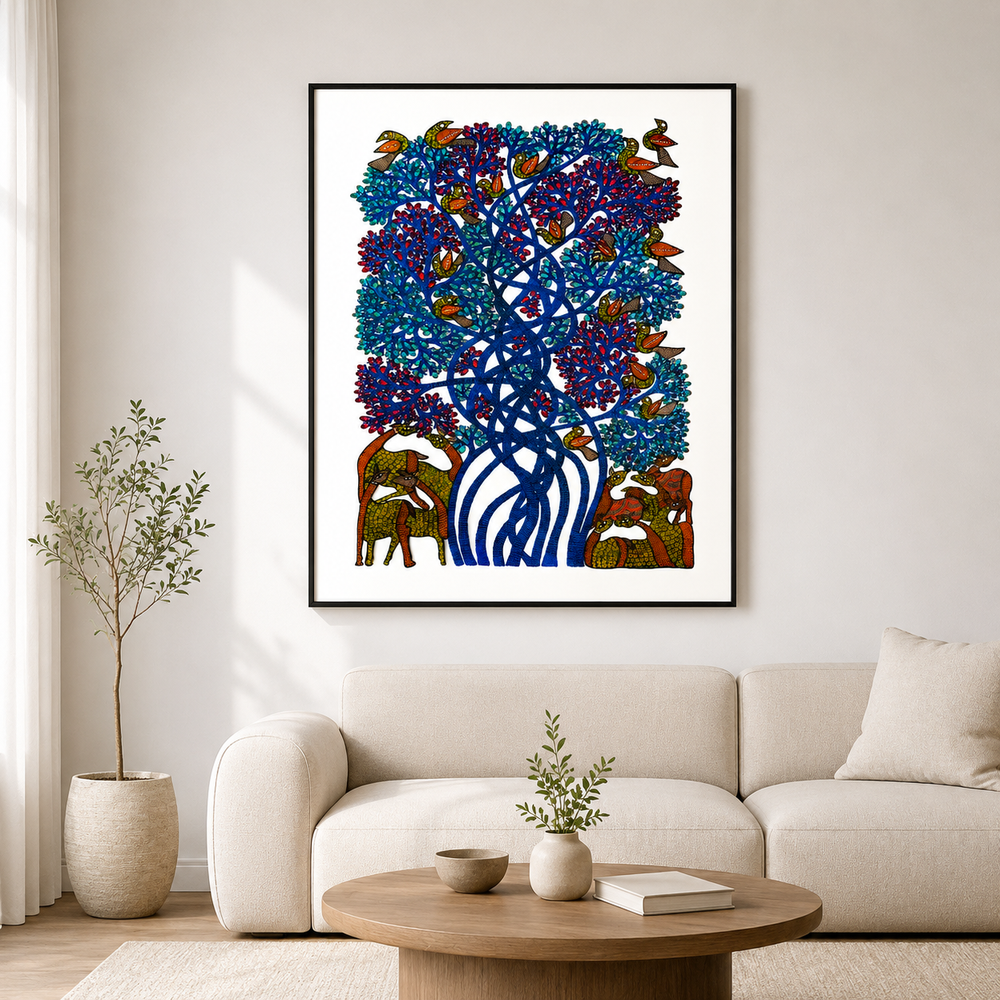 Deer, Birds & Tree – Gond Paper Painting