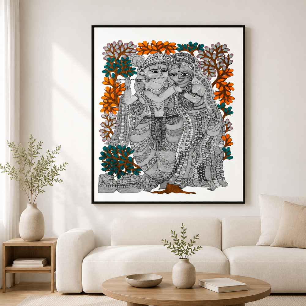 Radha Krishna & Flowering Tree – Gond Paper Painting