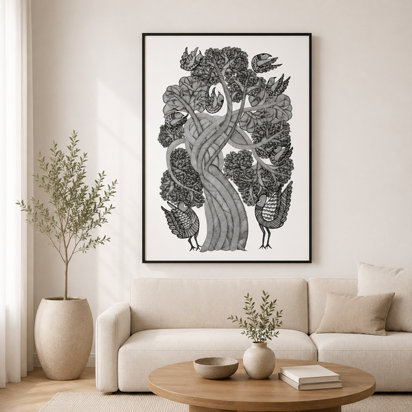 Bird on the Tree of Life – Gond Paper Painting