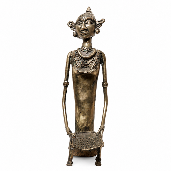 Tribal Woman Winnowing Grain (Long) – Dhokra Metal Art
