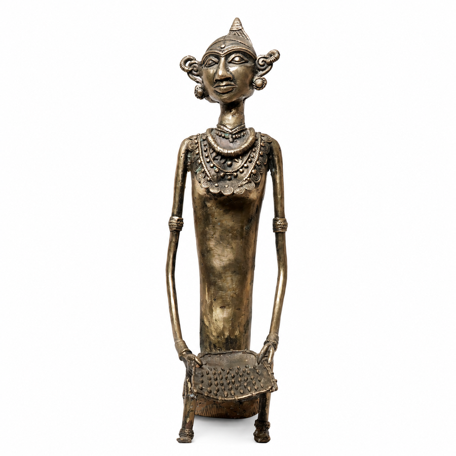 Tribal Woman Winnowing Grain (Long) – Dhokra Metal Art